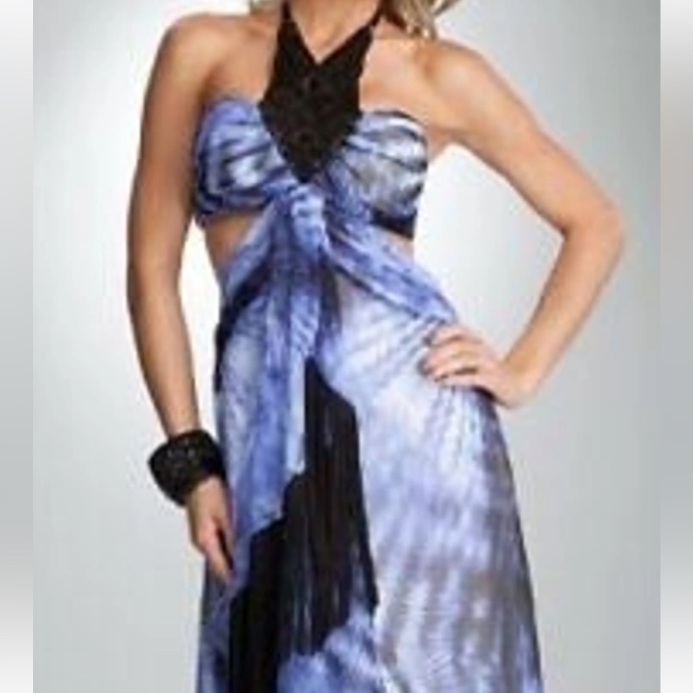 BEBE blue bohemian luxe macrame maxi dress XS.